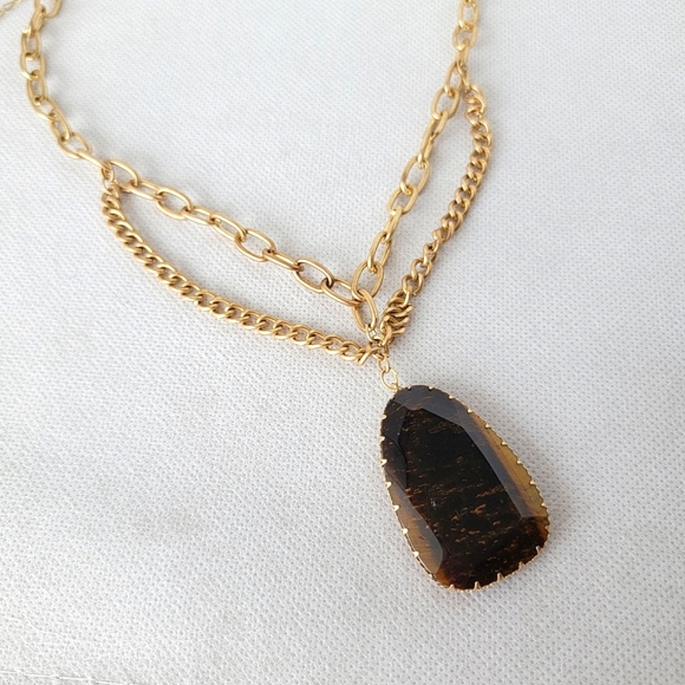 Tigers Eye Pendant Necklace Layered Chain Genuine Stone